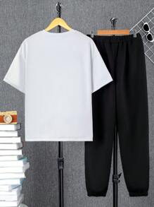 SHEIN Conjunto De Blusa Casual Solta De Manga Curta E Calças Compridas Para Meninos Adolescentes Com Padrão De Letras Em Inglês