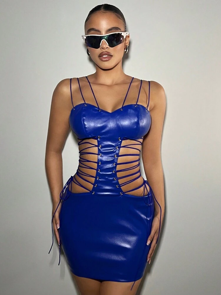 Side Waist Cutout Tie Pu Dress