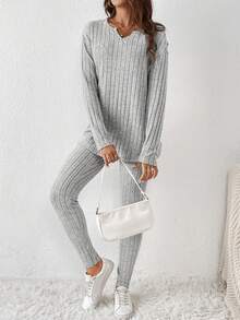 SHEIN Frenchy 純色開衩領長袖上衣和打底褲套裝 - 灰色 - 查看 3