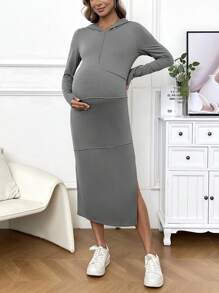 SHEIN Robe De Maternité À Capuche Couleur Unie - Gris - Voir 6