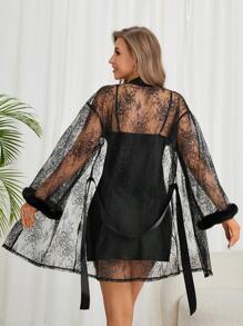 女用蕾絲黑色吊帶背心附扇貝下擺和短褲睡衣套裝 - 黑色 - 查看 6