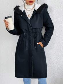 SHEIN Frenchy Women's Drawstring Fur Collar Hooded Padded Coat - Navy Blue - View 4