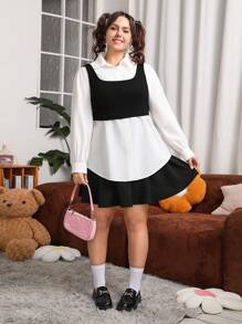 SHEIN EZwear Blusa de manga larga para mujeres de talla grande con paneles de contraste con bloques de color - Blanco y Negro - Ver 5