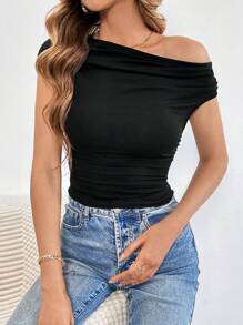 SHEIN Tall Xếp li Vai lạnh Gợi cảm Của phụ nữ Áo - màu đen - Xem 6