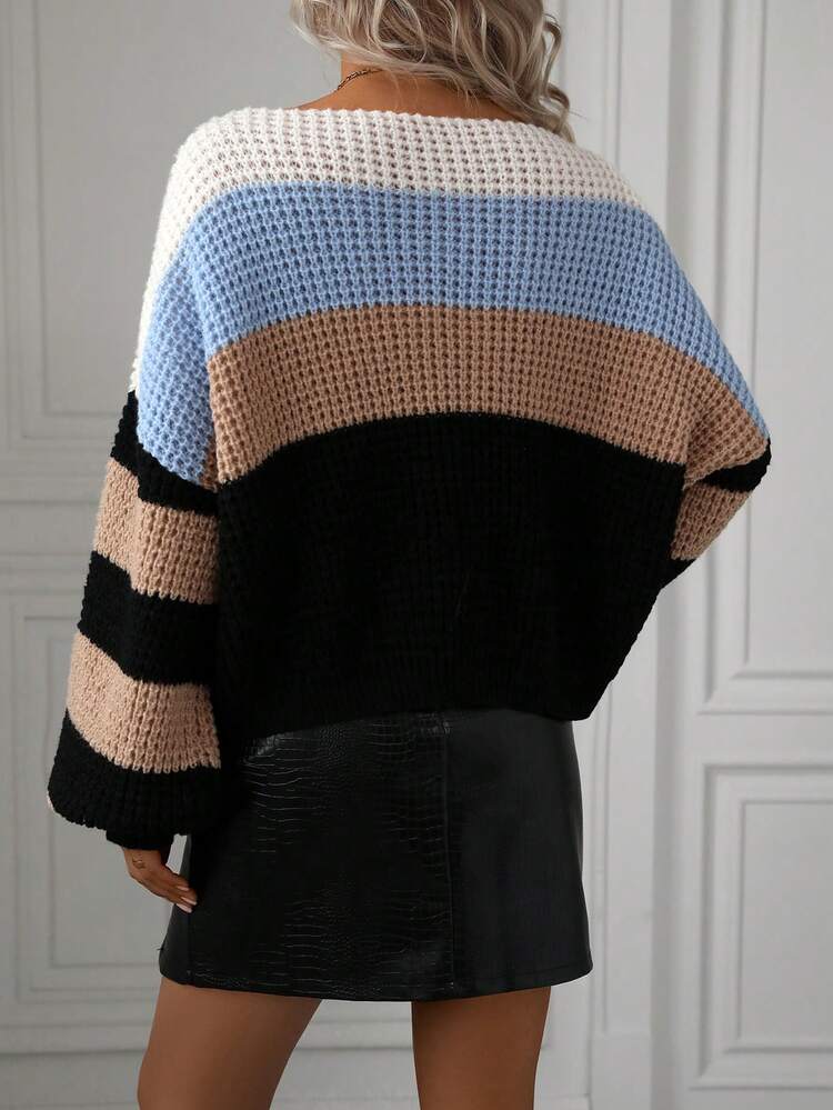 Women's Color Block Batwing Sleeve Knit Pullover Fall Winter Sweater