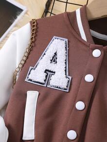 SHEIN Nhỏ bé Cô gái Sọc Áo liền quần Với Vá chữ cái Và Nơ Đồ trang trí - màu nâu - Xem 7