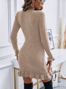 SHEIN Frenchy Xoắn Dan Xù Hoa Sen Váy len bó sát - Màu be - Xem 2