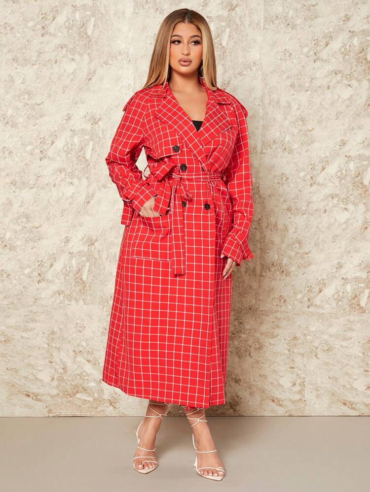 New Years Women Checked Double-Breasted Trench Coat