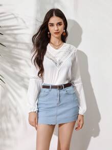 Aveloria Ladies' Embroidered V-neck Lantern Sleeve Shirt With Splicing Design - White - View 3