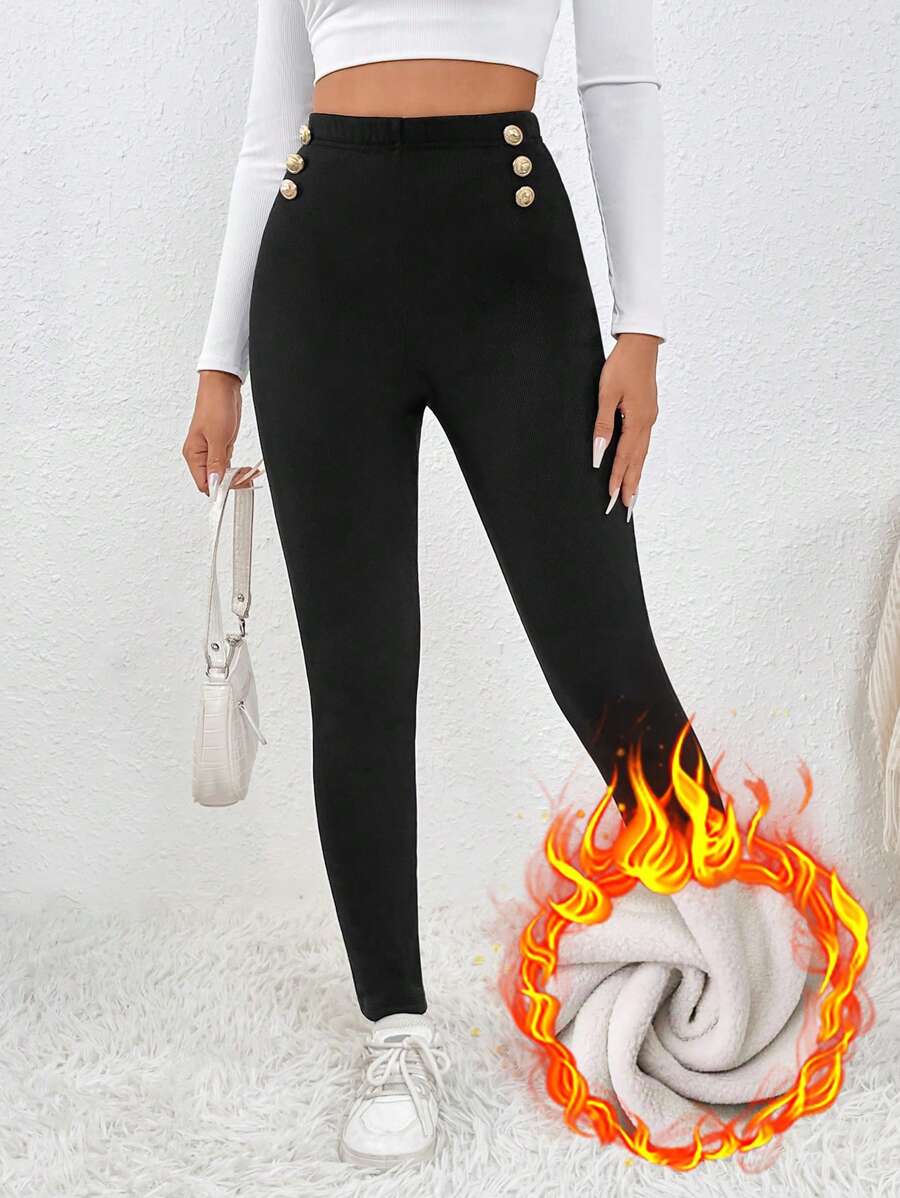 SHEIN Essnce 保暖高腰紧身裤 - 黑色 - 查看 1