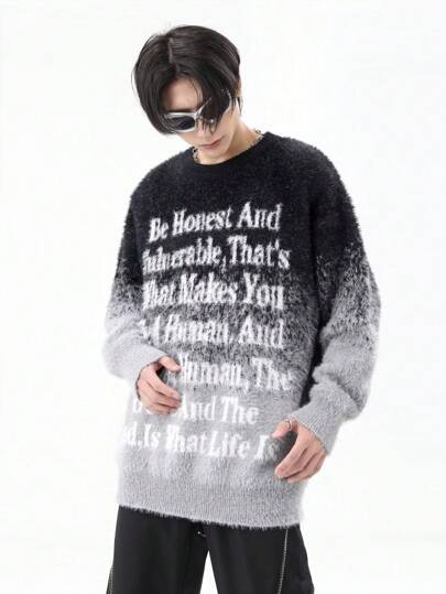 INFLATION Men's Dropped Shoulder Long Sleeve Gradient Slogan Pattern Sweater, Autumn/Winter