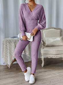 SHEIN Essnce 女士蝙蝠袖t恤與褲子的二件套裝 - 淡紫色 - 查看 3