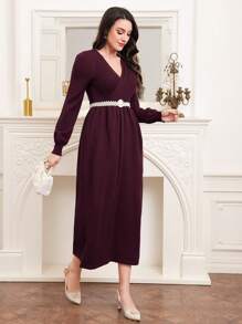 Modelyn Váy len tay đèn lồng cổ chữ V màu đỏ tía cho nữ - Màu Đỏ Sâu - Xem 5