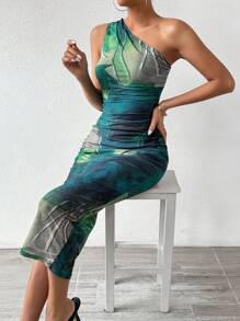 Chiquease Tie-Dye Bodycon One Shoulder Dress Maxi Women Outfit - Green - View 4