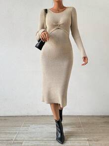 SHEIN Privé 純色針織毛衣連衣裙 - 杏色 - 查看 3