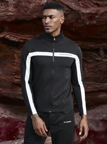 Manfinity Sport Corelite Men's Color Block Letter Printed Zip-Up Hooded Sports Jacket Workout Tops Sports Jacket - Black - View 3