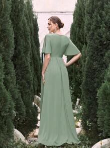 Maternity Deep V-Neck Butterfly Sleeve Formal Party Elegant Dress - Green - View 2