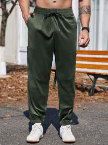 Manfinity Homme Men's Plus Size Loose Jogger Pants With Drawstring Waist , Corduroy - Army Green - View 3