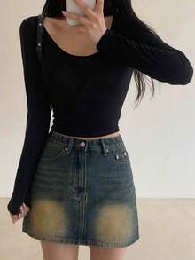 DAZY 女性純色圓領長袖t恤 - 黑色 - 查看 6