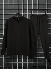 Manfinity Homme Conjunto de 2 piezas de pantalón y top de manga larga de unicolor para hombres, conjunto de chándal de salir para hombres