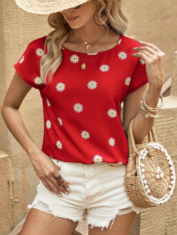 SHEIN LUNE Women's Floral Printed Round Neck Short Sleeve Blouse
