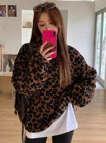 DAZY 女式豹纹半拉链运动衫，带前口袋，长袖上衣，秋季女装 - 棕色 - 查看 4