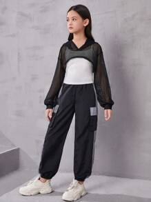 Tween 女孩運動酷炫針織連帽上衣搭配吊帶衫和慢跑套裝 - 黑色 - 查看 5