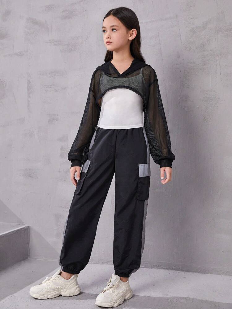 Tween 女孩運動酷炫針織連帽上衣搭配吊帶衫和慢跑套裝 - 黑色 - 查看 5