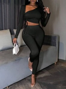 VaVaBold Women's Asymmetrical Drawstring Neck Top And Leggings Set Fall Cloth For Women