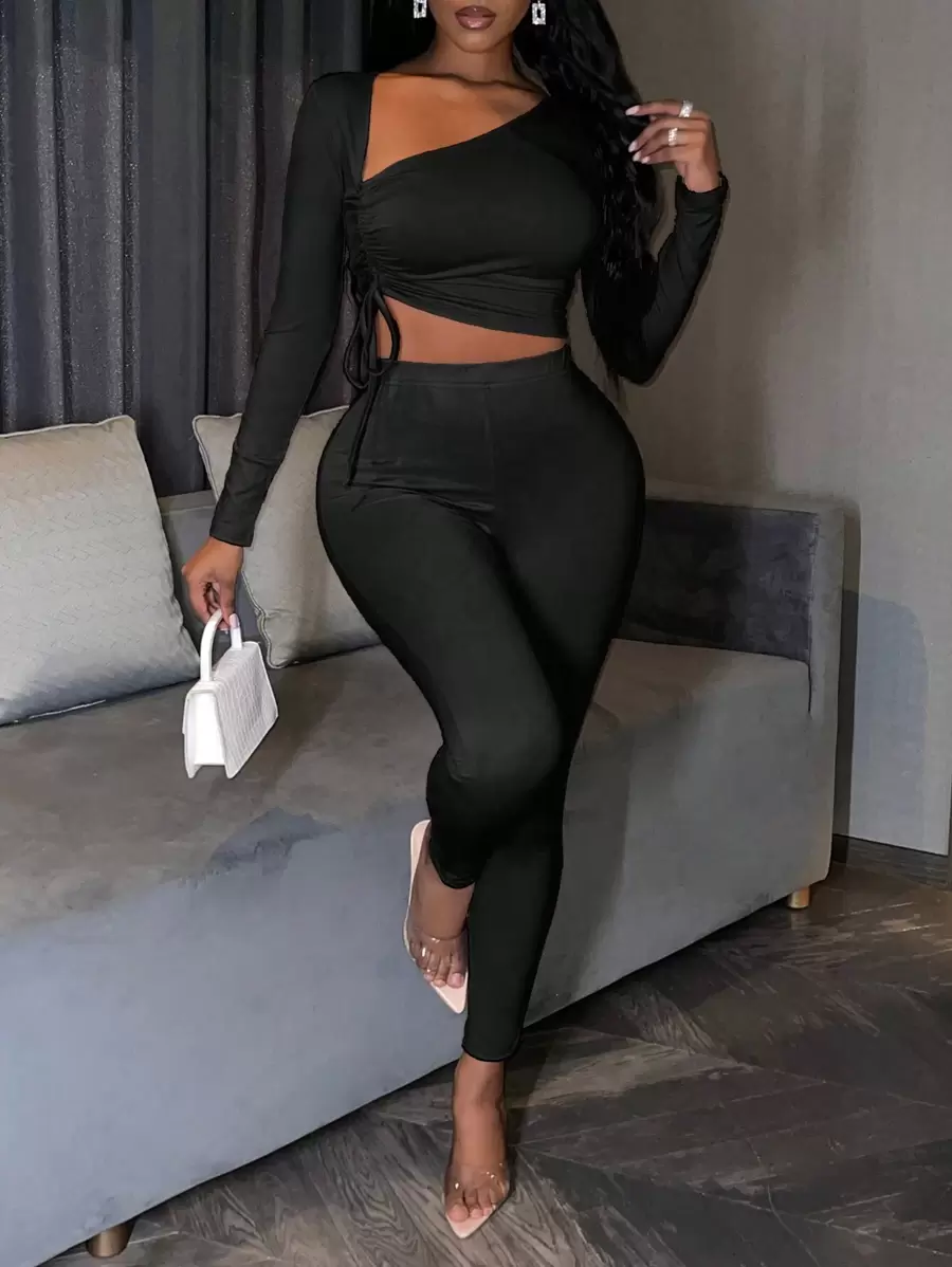 VaVaBold Women's Asymmetrical Drawstring Neck Top And Leggings Set Fall Cloth For Women