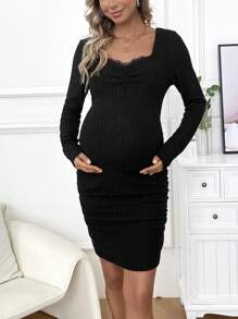 SHEIN Maternity Sweetheart Neckline Patchwork Lace Pleated Bust Dress - Black - View 5