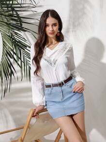 Aveloria Ladies' Embroidered V-neck Lantern Sleeve Shirt With Splicing Design - White - View 1
