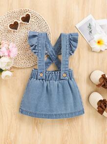 SHEIN Baby Girls' Denim Suspender Skirt With Ruffle Edge - Medium Wash - View 6