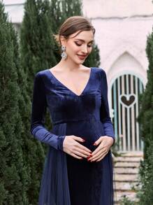 Maternity Mesh & Velvet Patchwork Mermaid Evening Prom Party Elegant Dress - Navy Blue - View 4