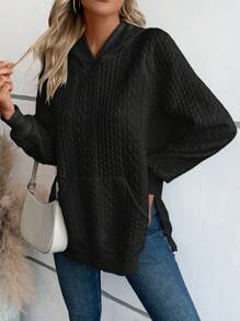 SHEIN Essnce 純色套頭帽衫,縫肩袖設計 - 黑色 - 查看 3