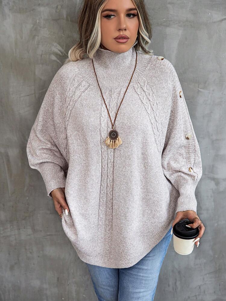 Women's Plus Size High Neck Sweater With Button Detail And Batwing Sleeves Knit Pullover Fall Winter Autumn Sweater