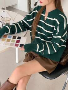 DAZY 女用條紋領套頭毛衣 - 墨綠色 - 查看 4