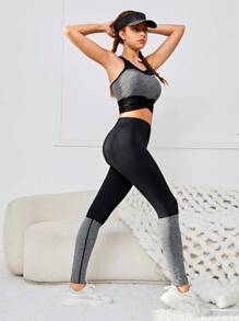 SHEIN 女孩無縫針織色塊交叉背心褲運動套裝