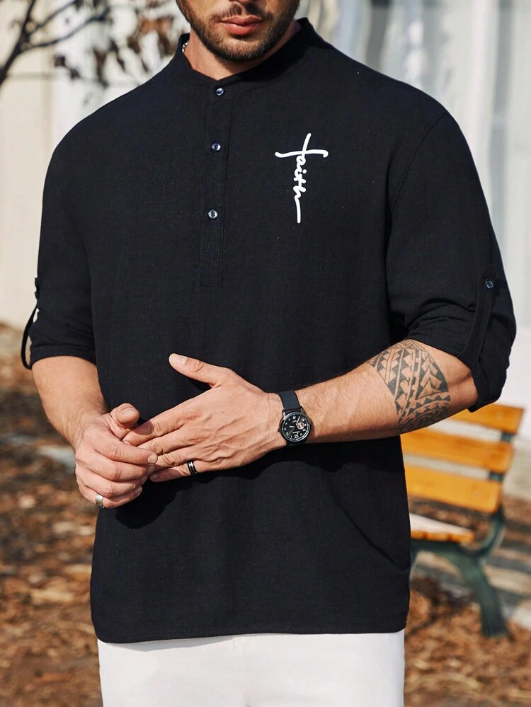Loose Men's Plus Size Letter Printed Roll-Up Sleeve Shirt