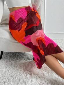 SHEIN Privé 女式抽象印花中長款百褶裙 - 彩色 - 查看 6