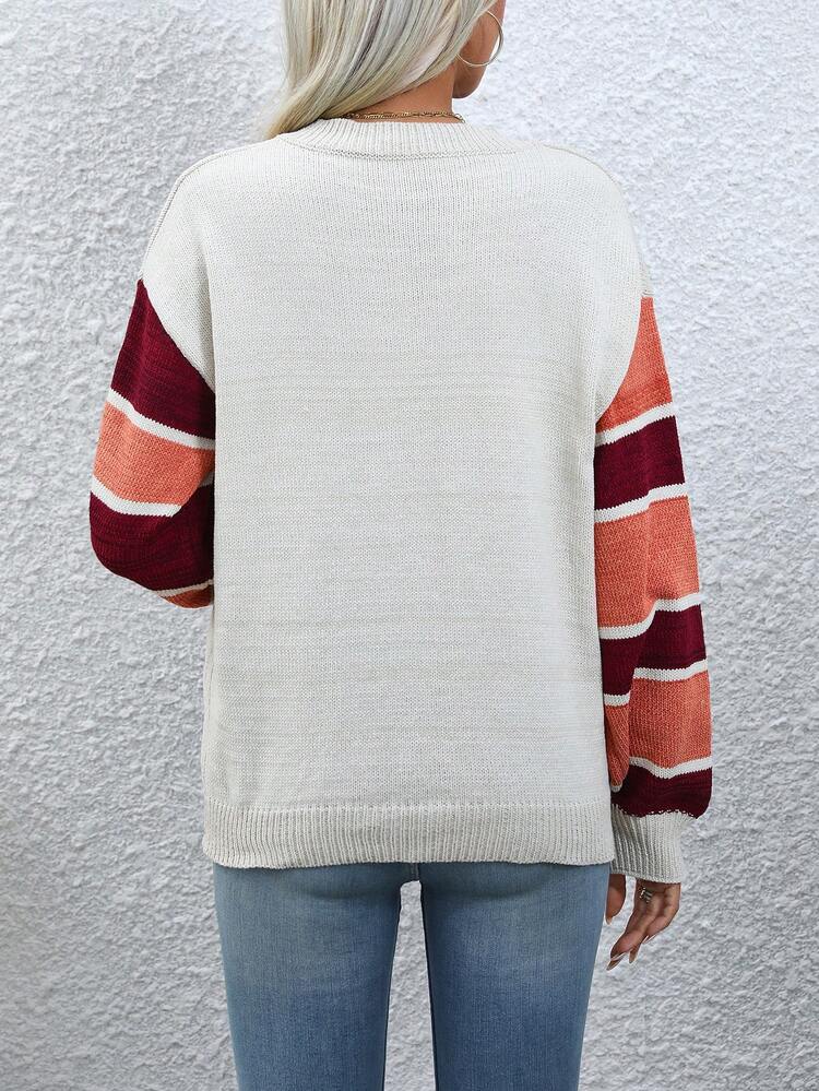 Women's Contrast Color V-Neck Half-Buttoned Sweater With Drop Shoulder Knit Pullover Fall Winter Sweater