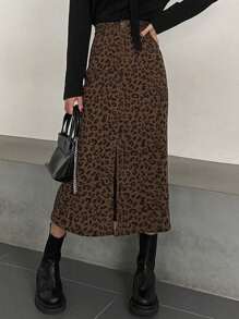 DAZY 女士豹纹印花前开衩半身裙