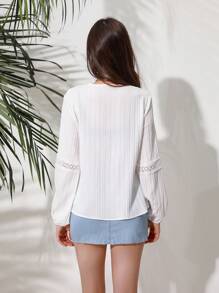 Aveloria Ladies' Embroidered V-neck Lantern Sleeve Shirt With Splicing Design - White - View 2