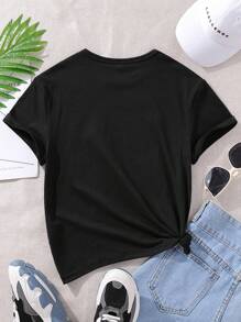 SHEIN Tween Girl Slogan And Heart Pattern Printed T-Shirt Style Hit  Summer Tops Thanksgiving Outfits For Girls - Black - View 2