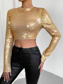 SHEIN Privé 女士亮片短上衣 - 金色 - 查看 6