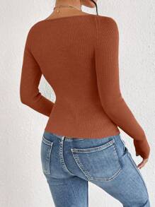 SHEIN Frenchy Của phụ nữ Người yêu Đường viền cổ áo Đồ đan Ribbed Áo len - màu nâu - Xem 2