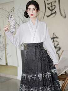 新中式日常宮廷風格女裝上衣,蝙蝠袖款式（漢服春節漢服） - 白色 - 查看 1