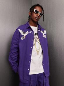 Manfinity Roghcode Men's Loose-Fit Denim Shirt With Pigeon And Letter Print - Purple - View 4