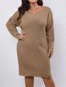 Calvaya 大尺碼女士實色寬鬆落肩休閒毛衣裙 - 杏色 - 查看 6