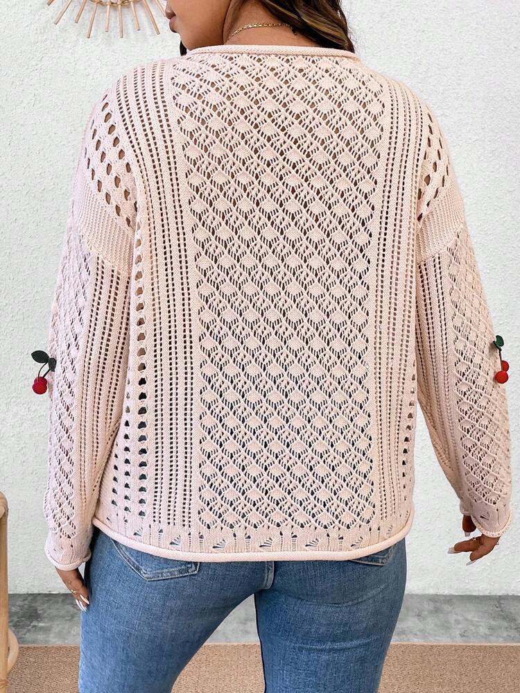 Women's Plus-Size 3d Cherry Decor Drop Shoulder Baby Pattern Knit Sweater Knit Pullover Fall Winter